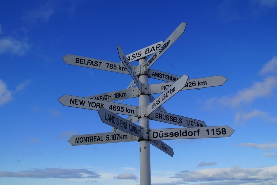 a picture of a sign post with world city names and their directions on it