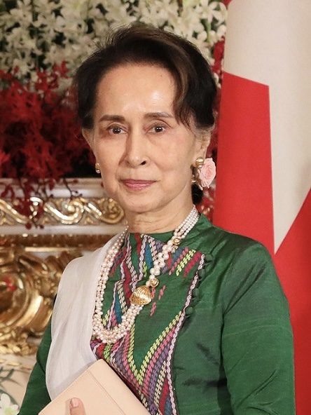 A photo of Aung San Suu Kyi, a pro-democracy leader in Myanmar, known for her peaceful resistance to military rule and her struggle for human rights and freedom.