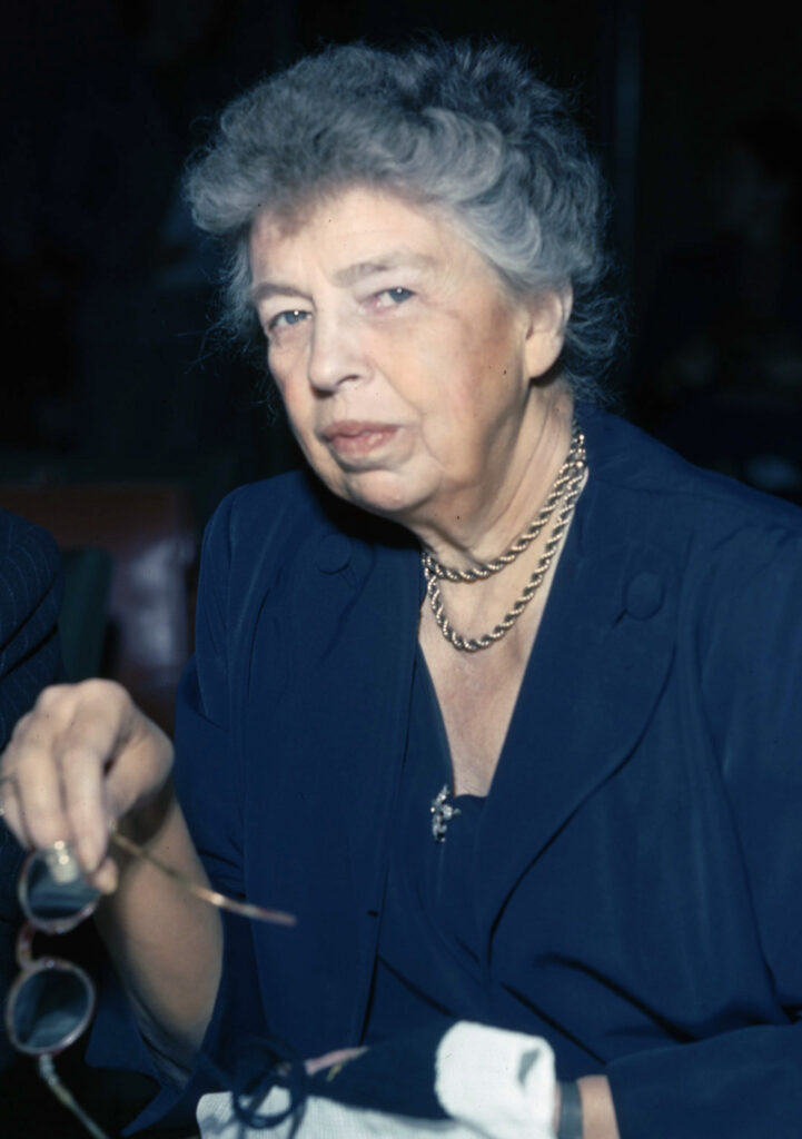 A photo of Eleanor Roosevelt, a champion for human rights, known for her leadership in drafting the Universal Declaration of Human Rights and her work in advancing social justice.