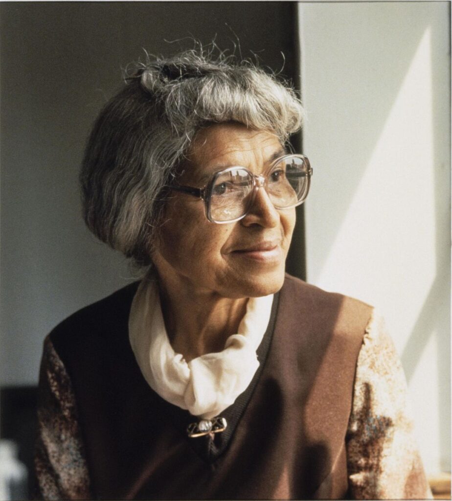 A photo of Rosa Parks, an iconic figure in the American civil rights movement, known for her courageous refusal to give up her seat on a segregated bus, sparking the Montgomery Bus Boycott.